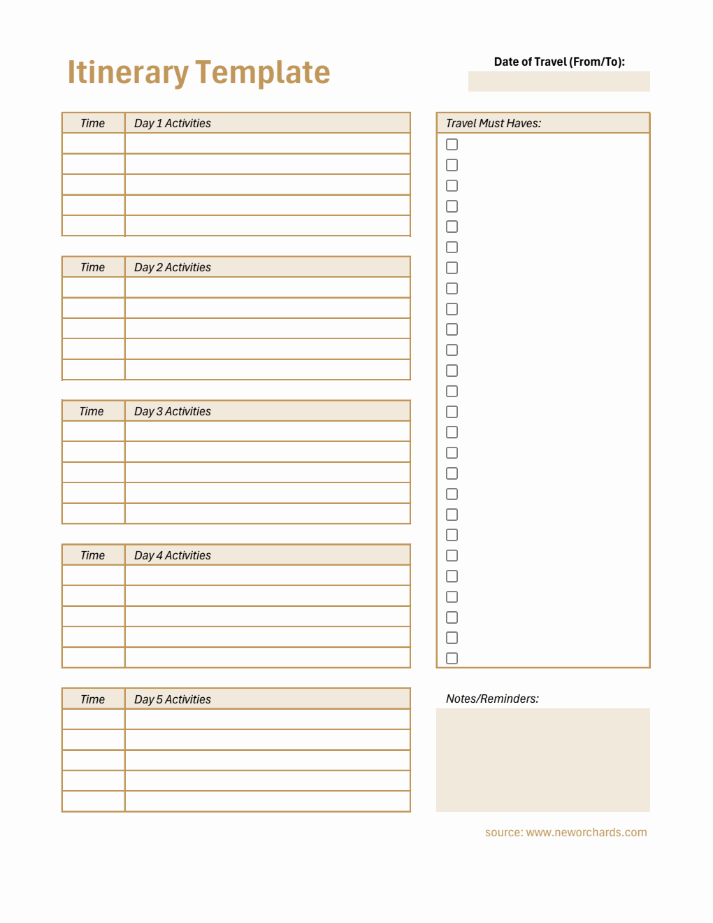 Customizable Itinerary Template (Excel)