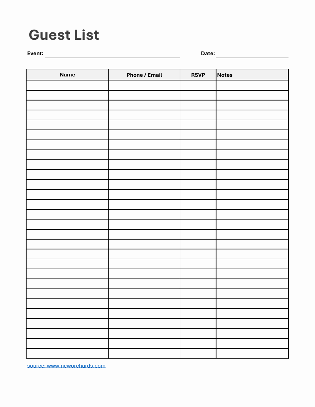 Free Guest List Template in Excel  (Printable)
