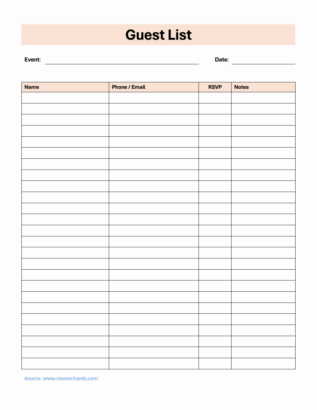 Free Guest List Template in PDF  (Customizable)