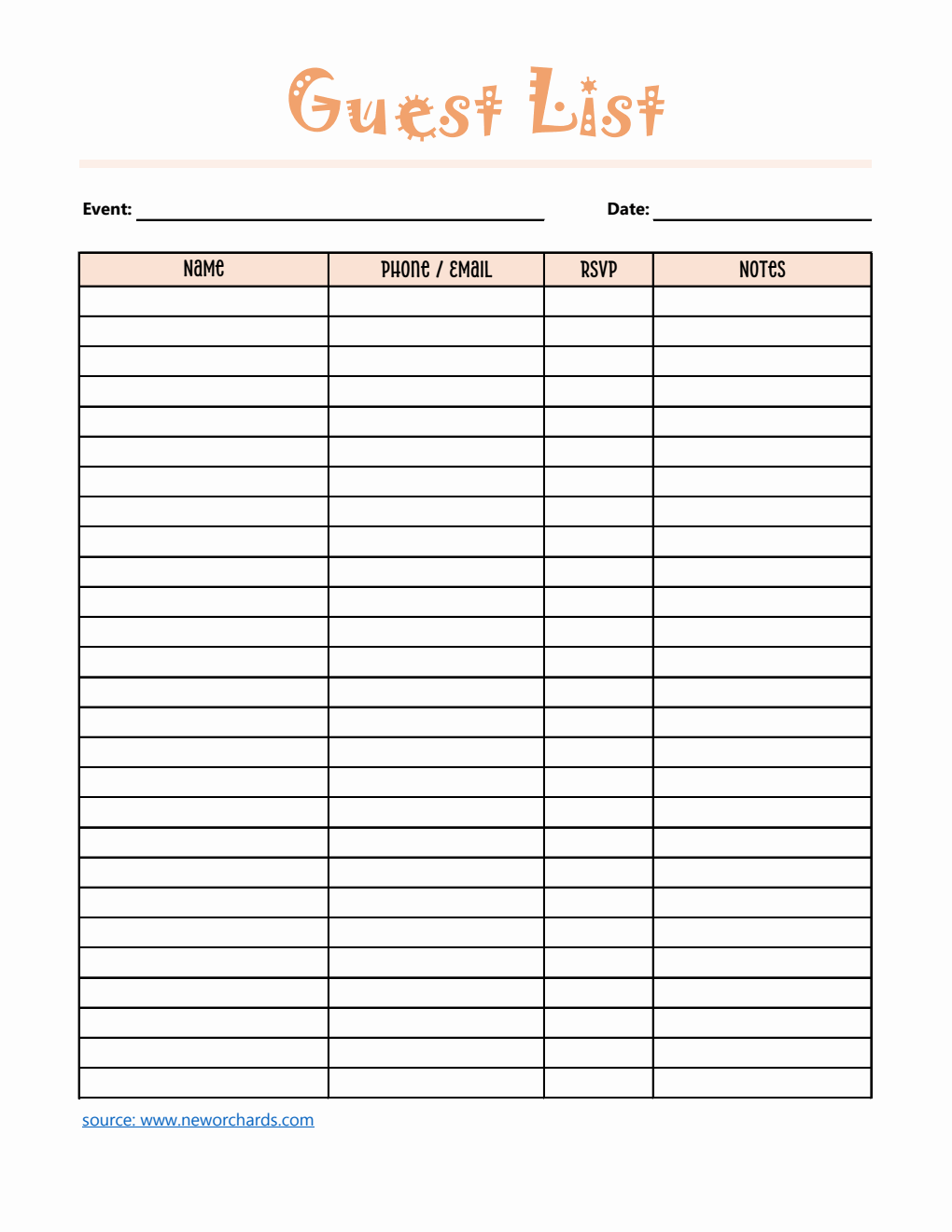 Free Guest List Template in Excel  (Editable)