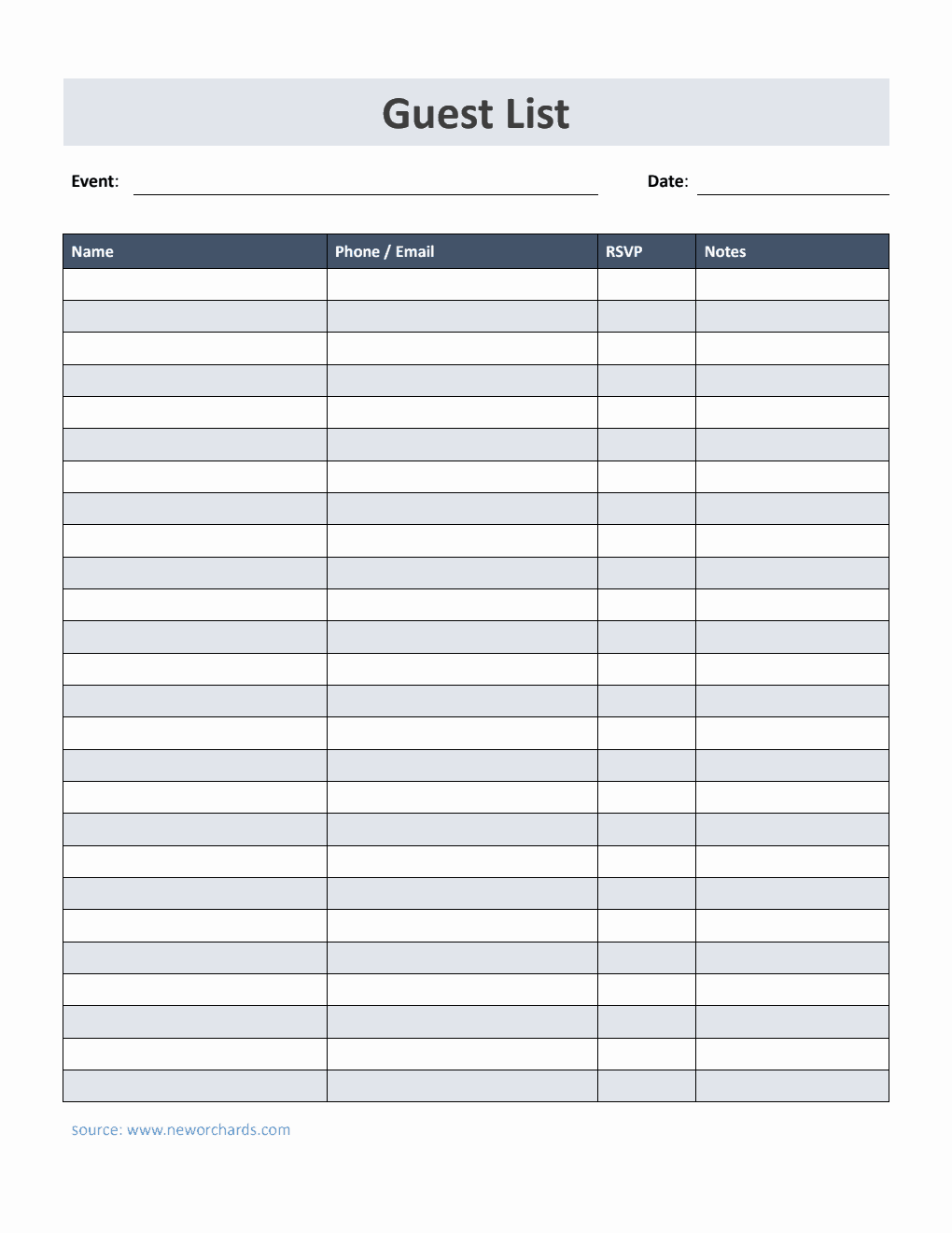 Free Guest List Template in Word  (Simple)