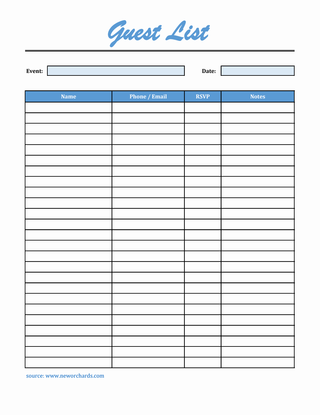 Free Guest List Template in Excel  (Downloadable)