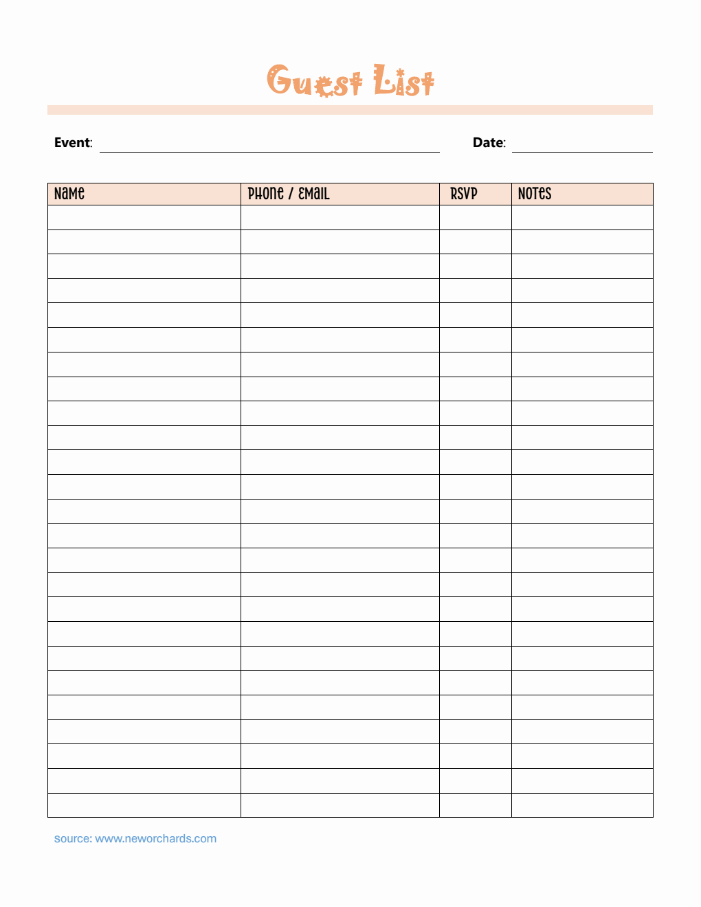 Free Guest List Template in PDF  (Editable)