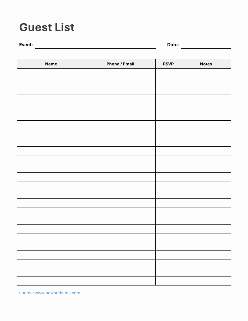 Free Guest List Template in PDF  (Printable)