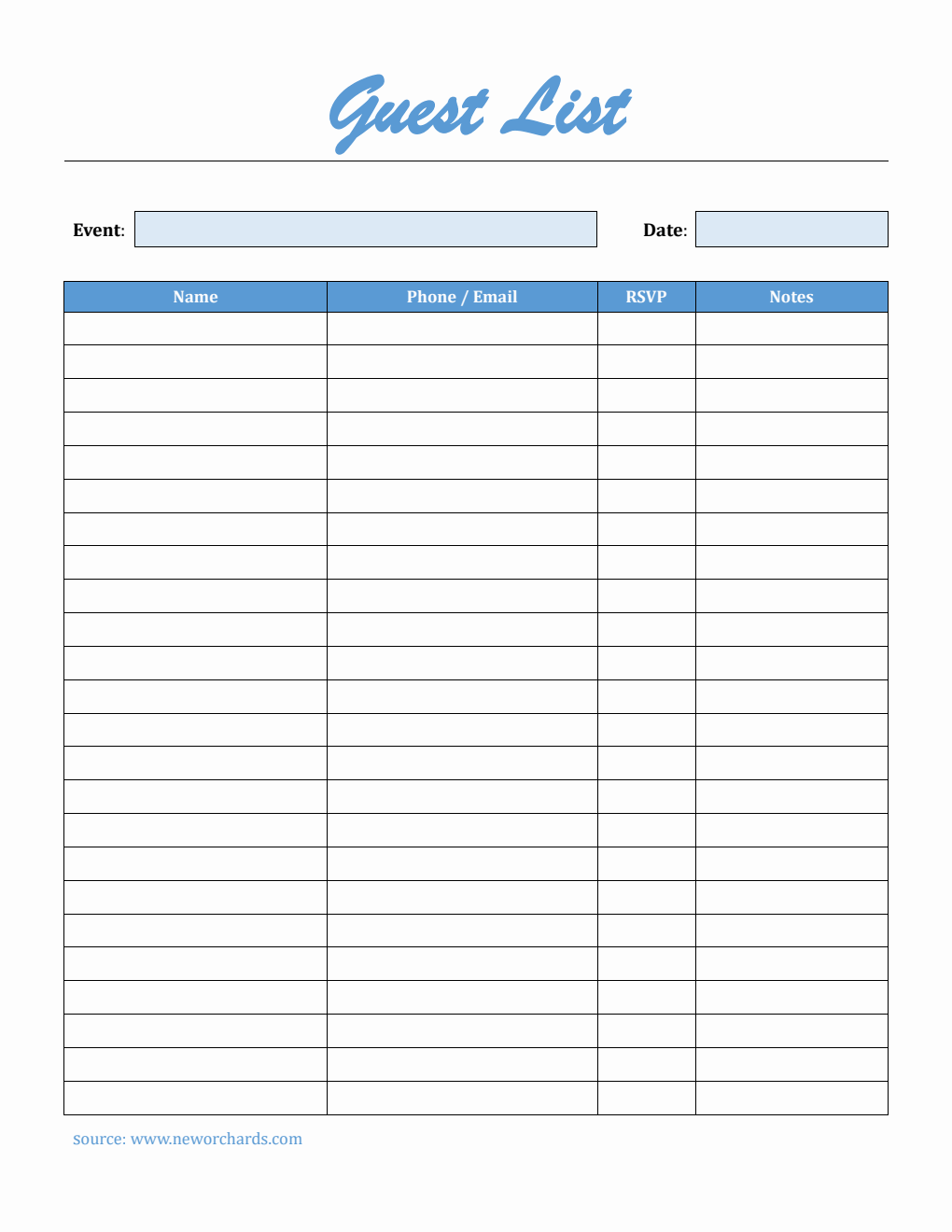 Free Guest List Template in Word  (Downloadable)