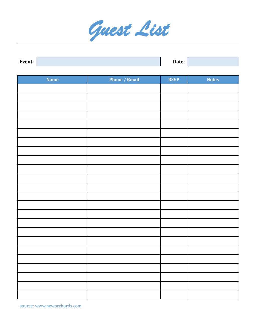 Free Guest List Template in PDF  (Downloadable)