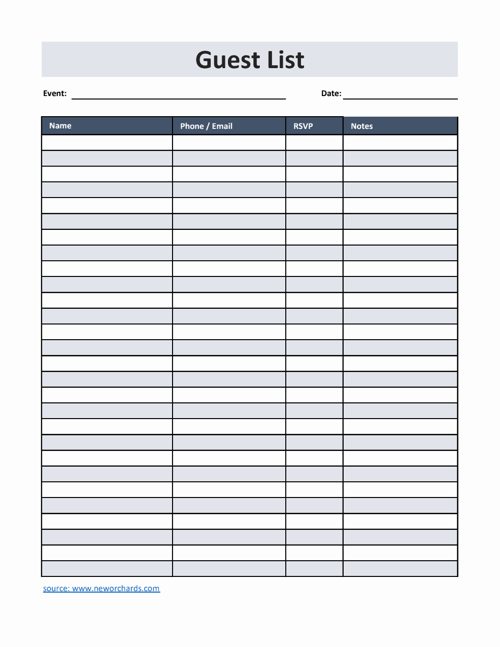 Free Guest List Template in Excel  (Simple)