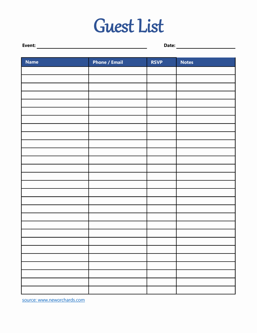 Free Guest List Template in Excel  ()