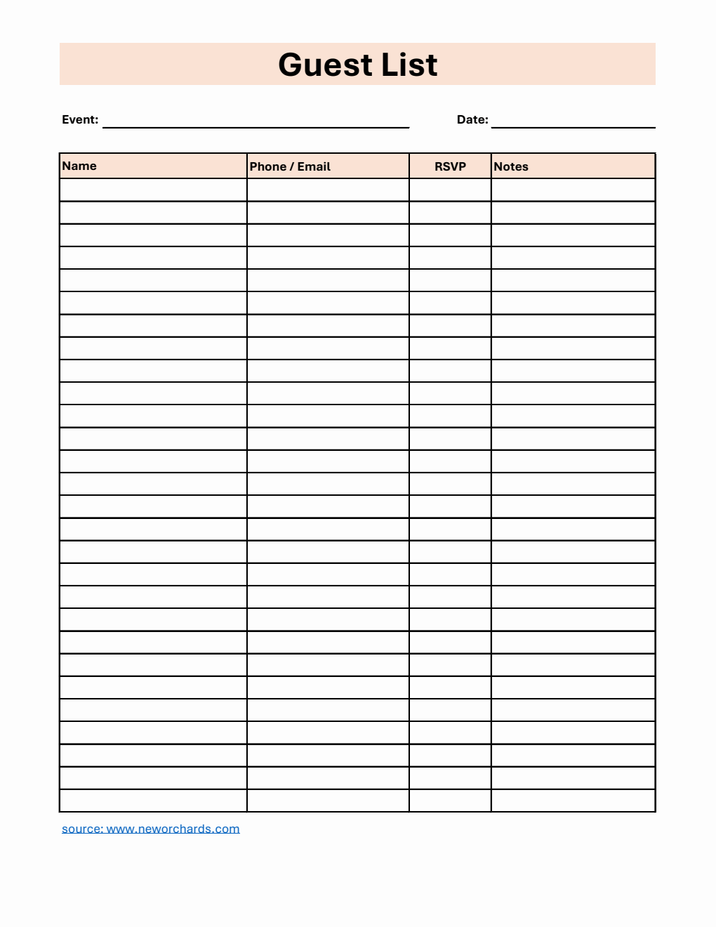 Free Guest List Template in Excel  (Customizable)