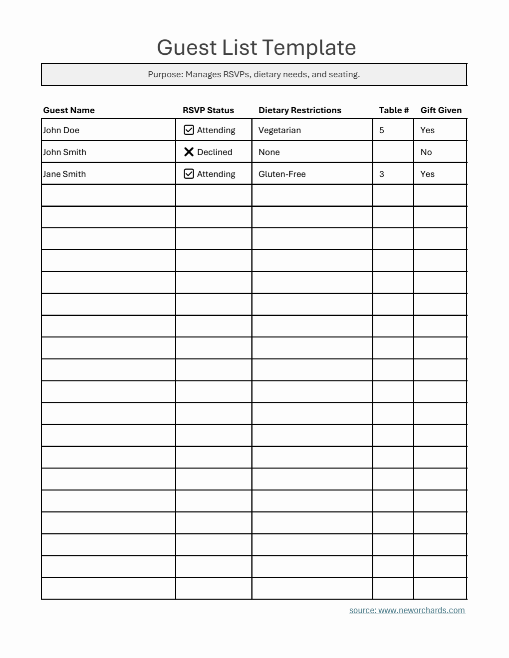 Guest Information Example Free Excel Guest List Templates