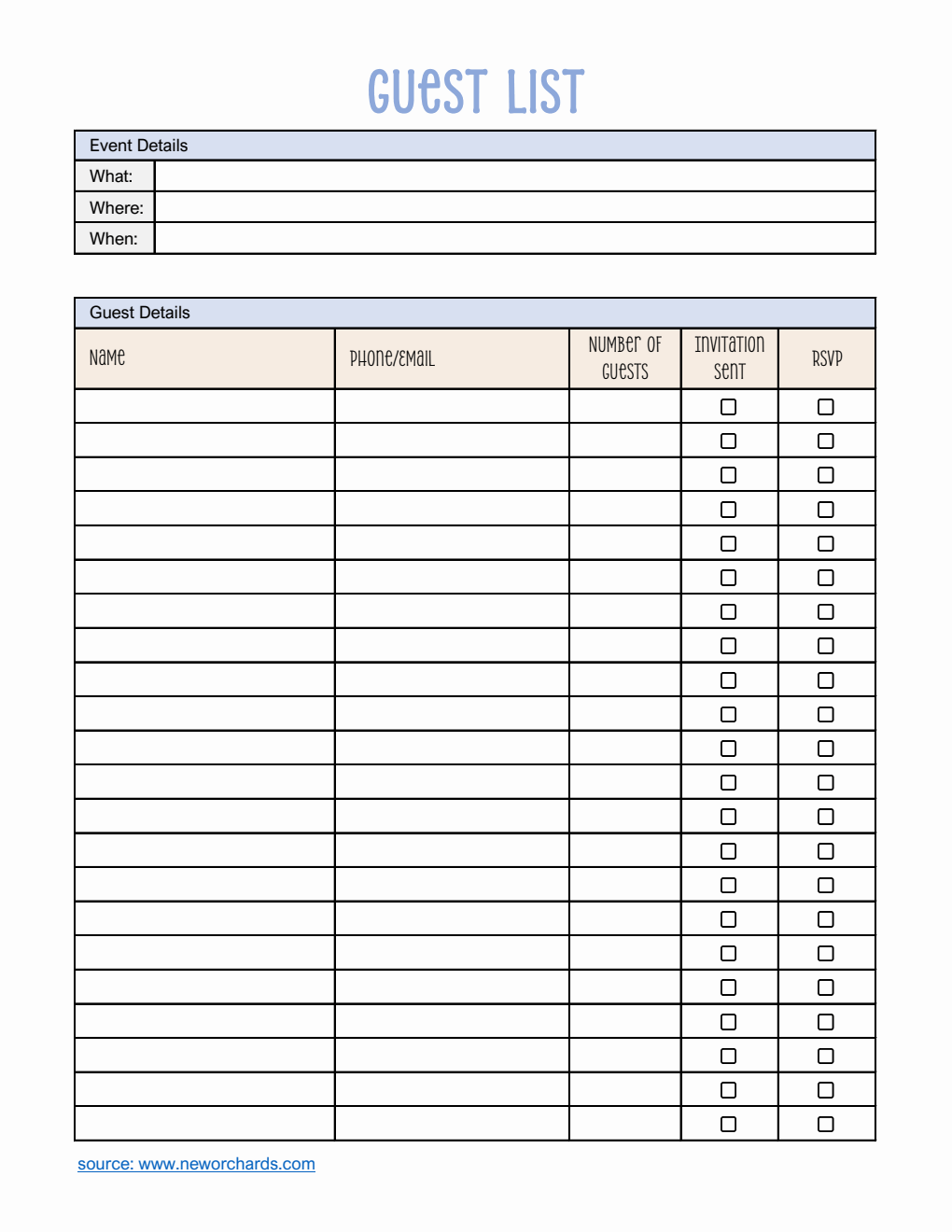 Guest Information Example Free Guest List Templates (PDF, Word, Excel)