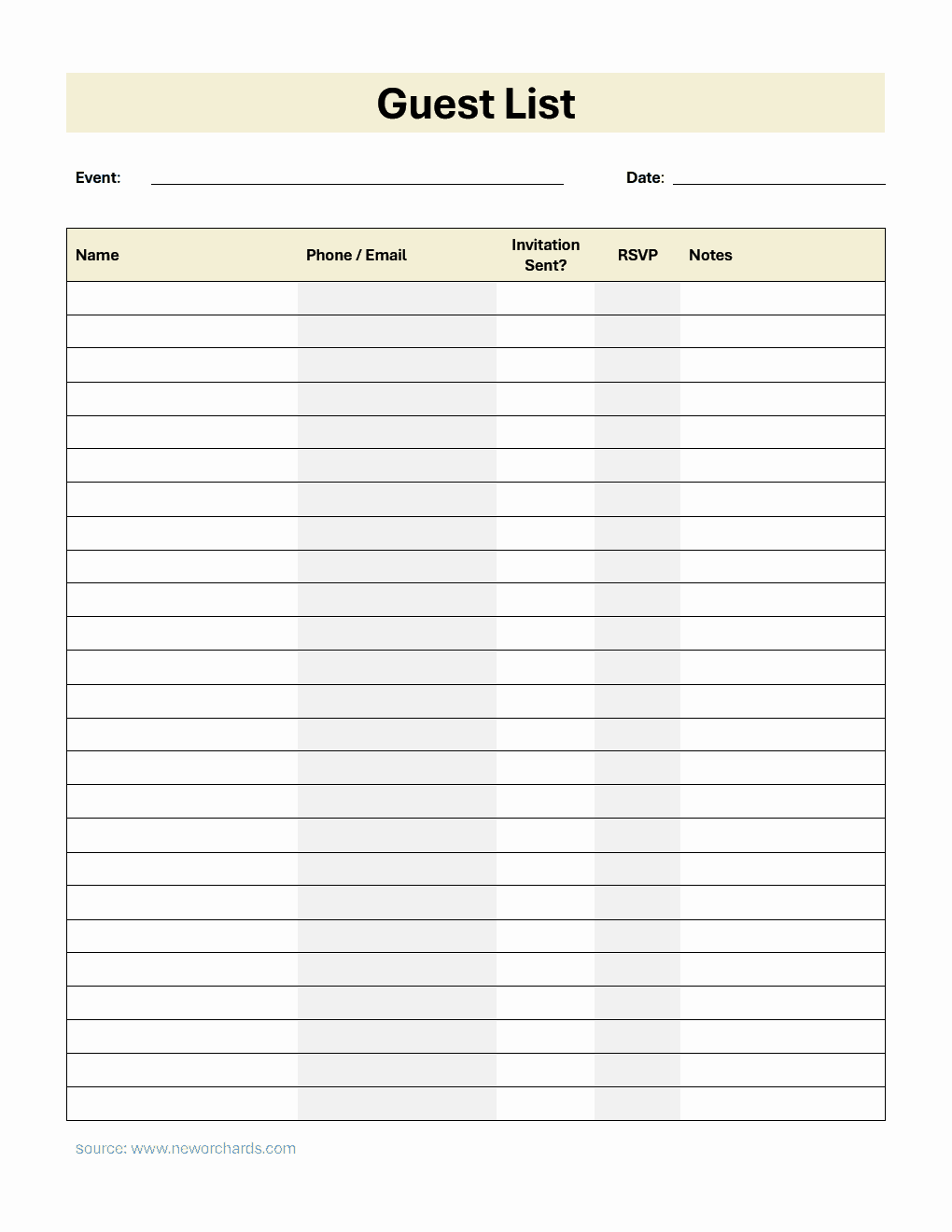 Guest List Template in PDF (Simple)