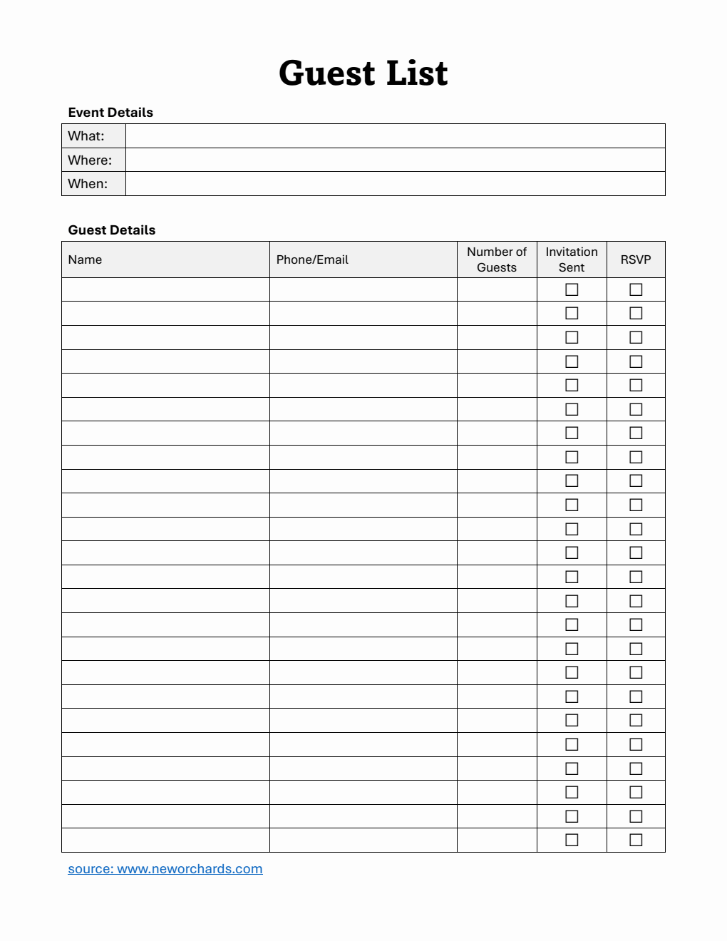 Guest Templete Free Guest List Templates (PDF, Word, Excel)