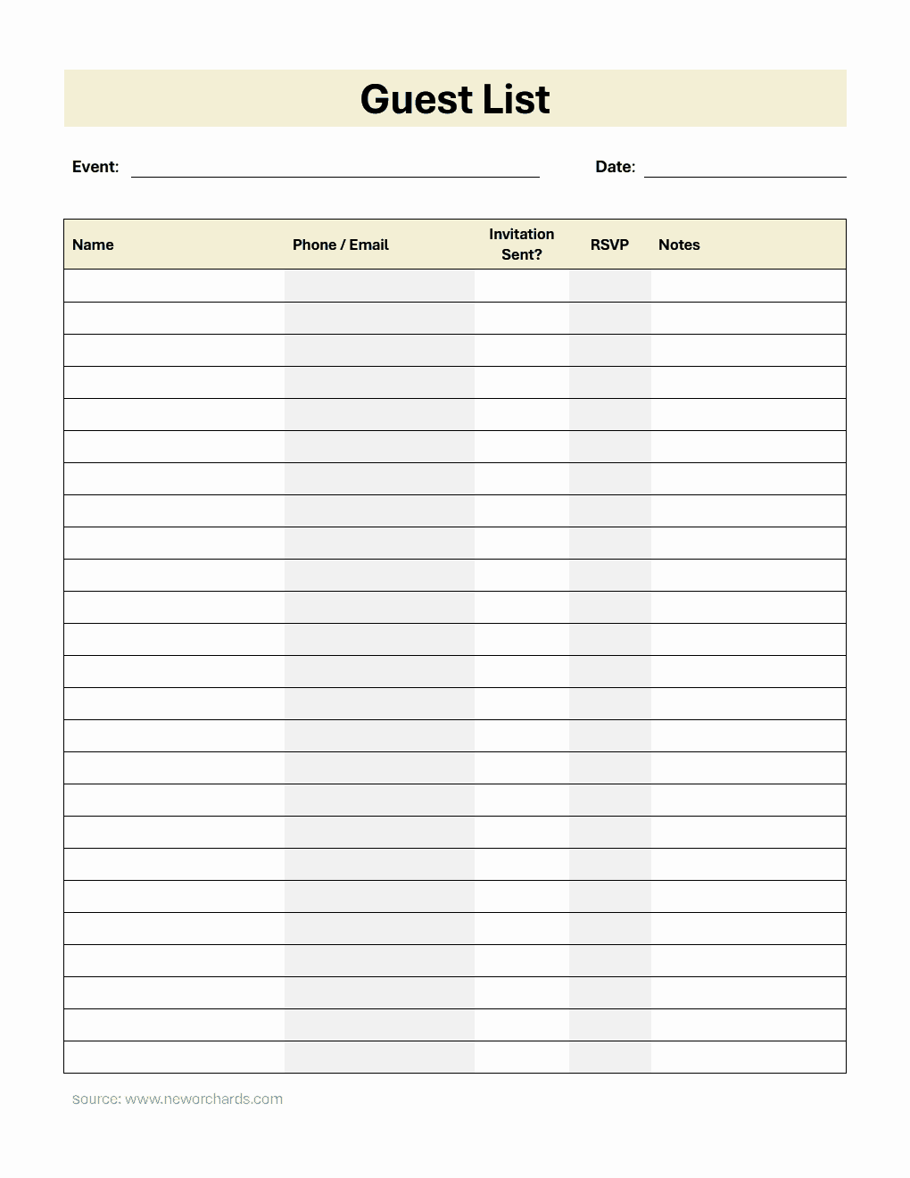 Sample Guest Editable Free Guest List Templates (PDF, Word, Excel)