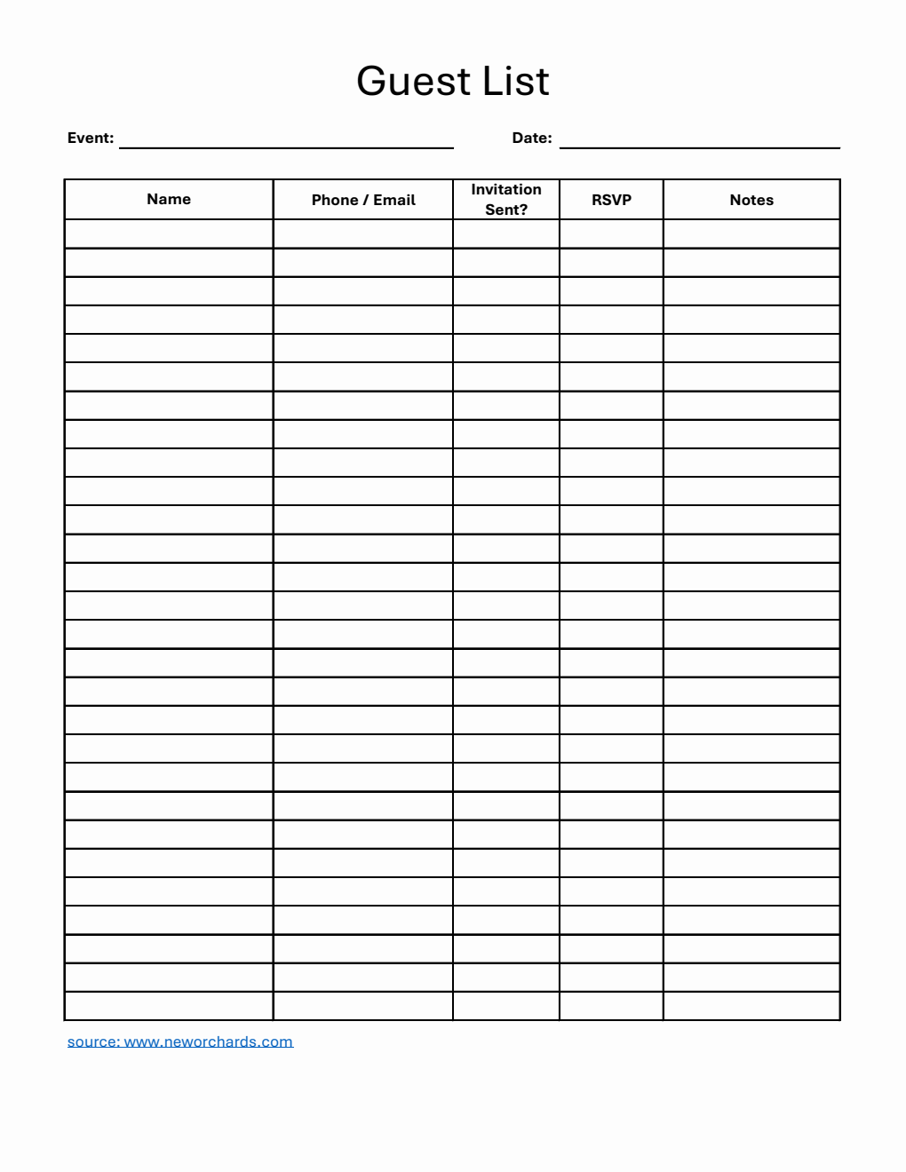 Guest List Template in Excel (Minimalist)