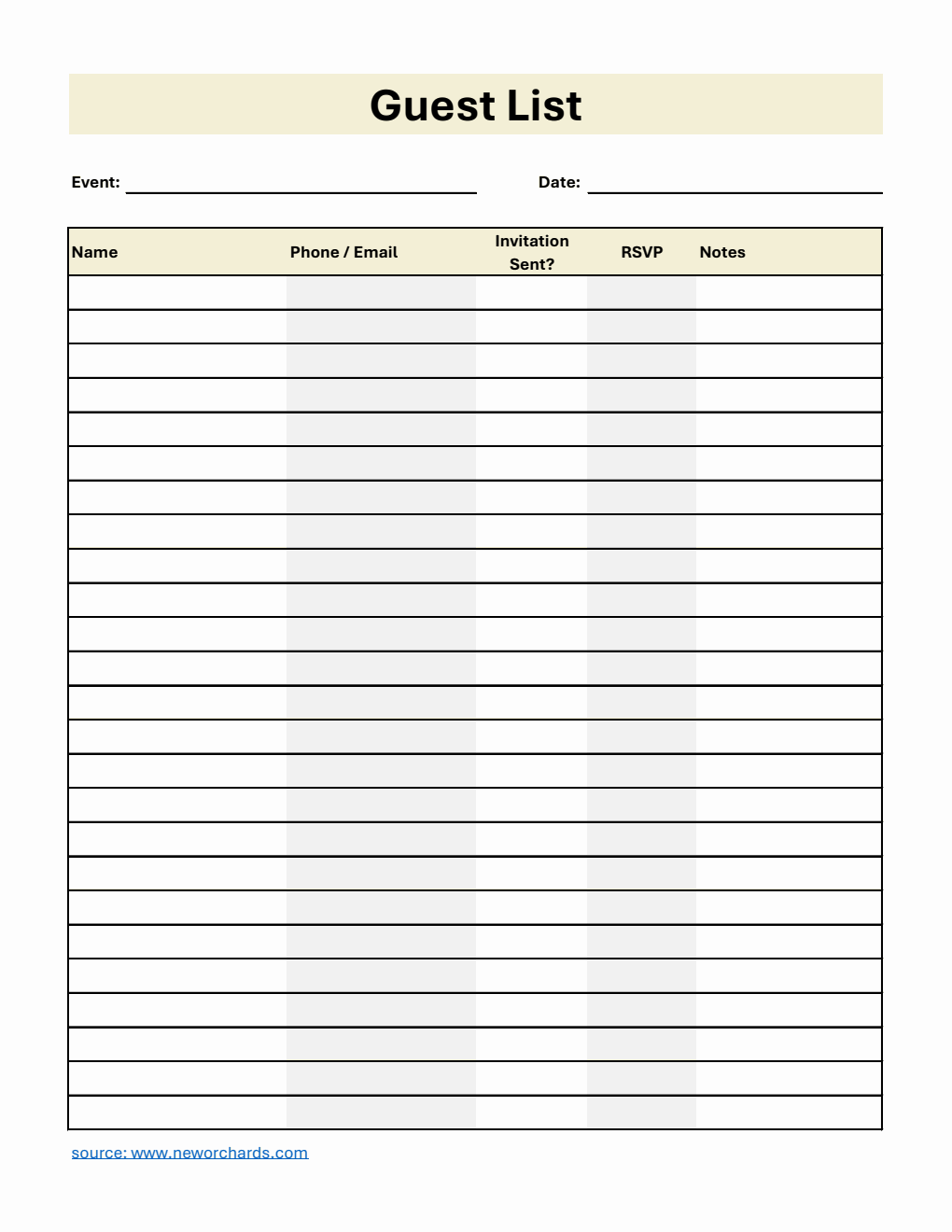 Guets List Example Free Excel Guest List Templates