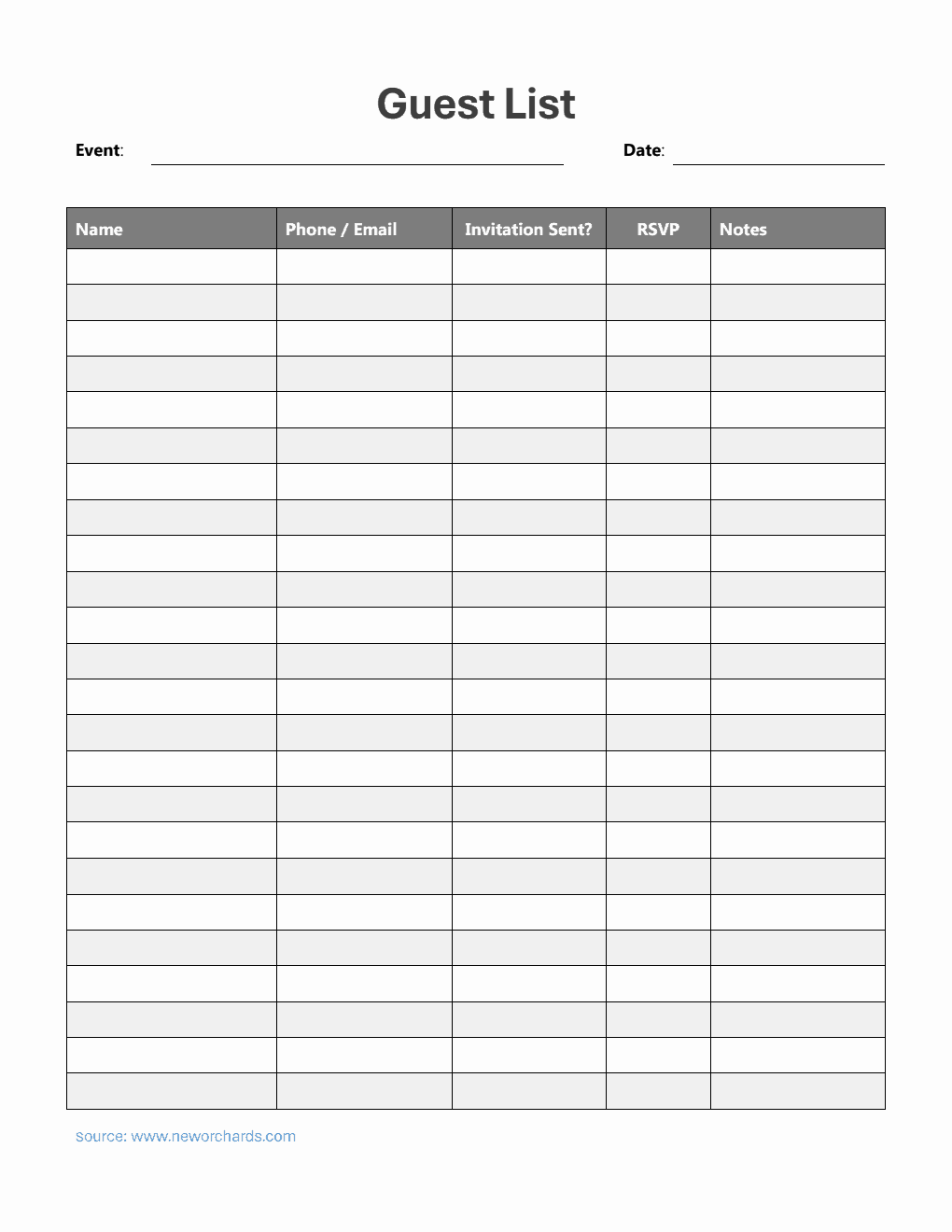 Guest List Template in PDF (Striped)