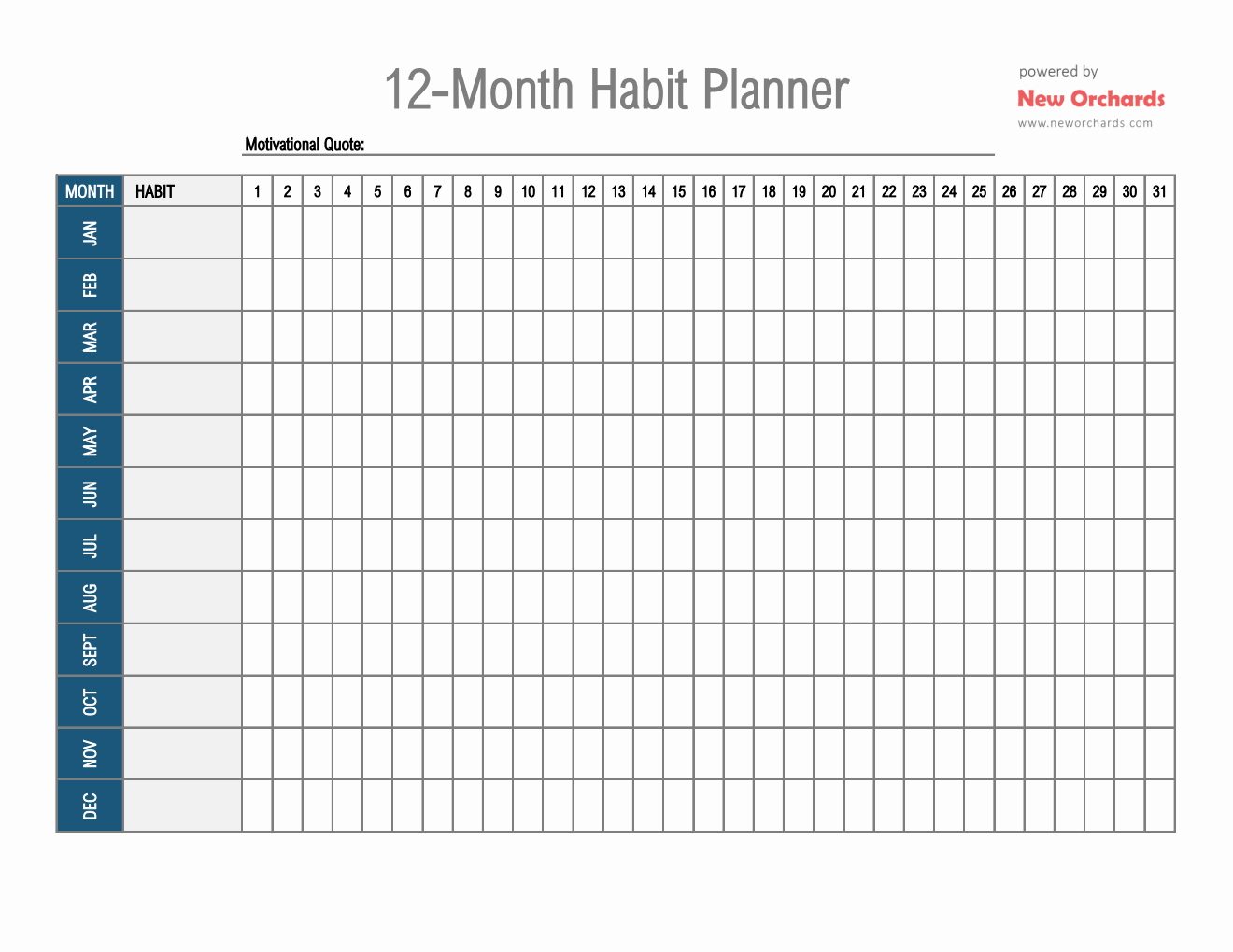 12 Month Habit Tracker Printable Template (Excel)