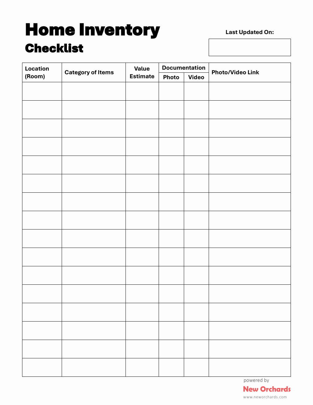 Home Inventory Checklist Template Printable in Word