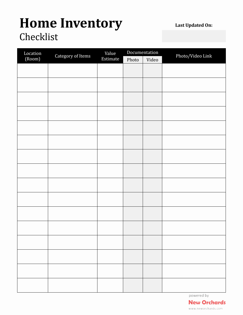 Home Inventory Checklist Template Downloadable in PDF