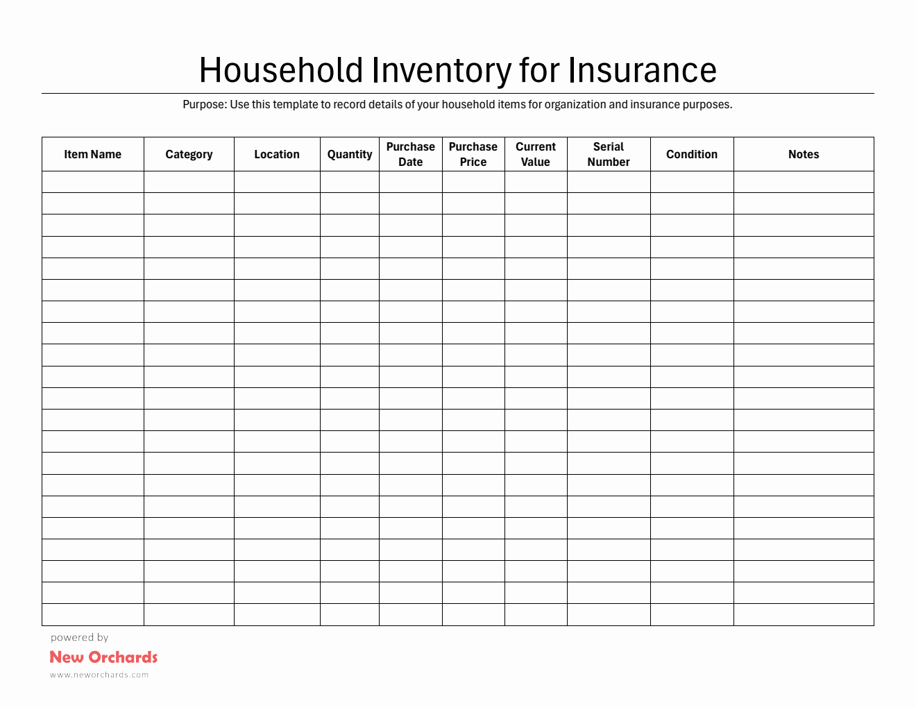 Household Inventory Printable in PDF