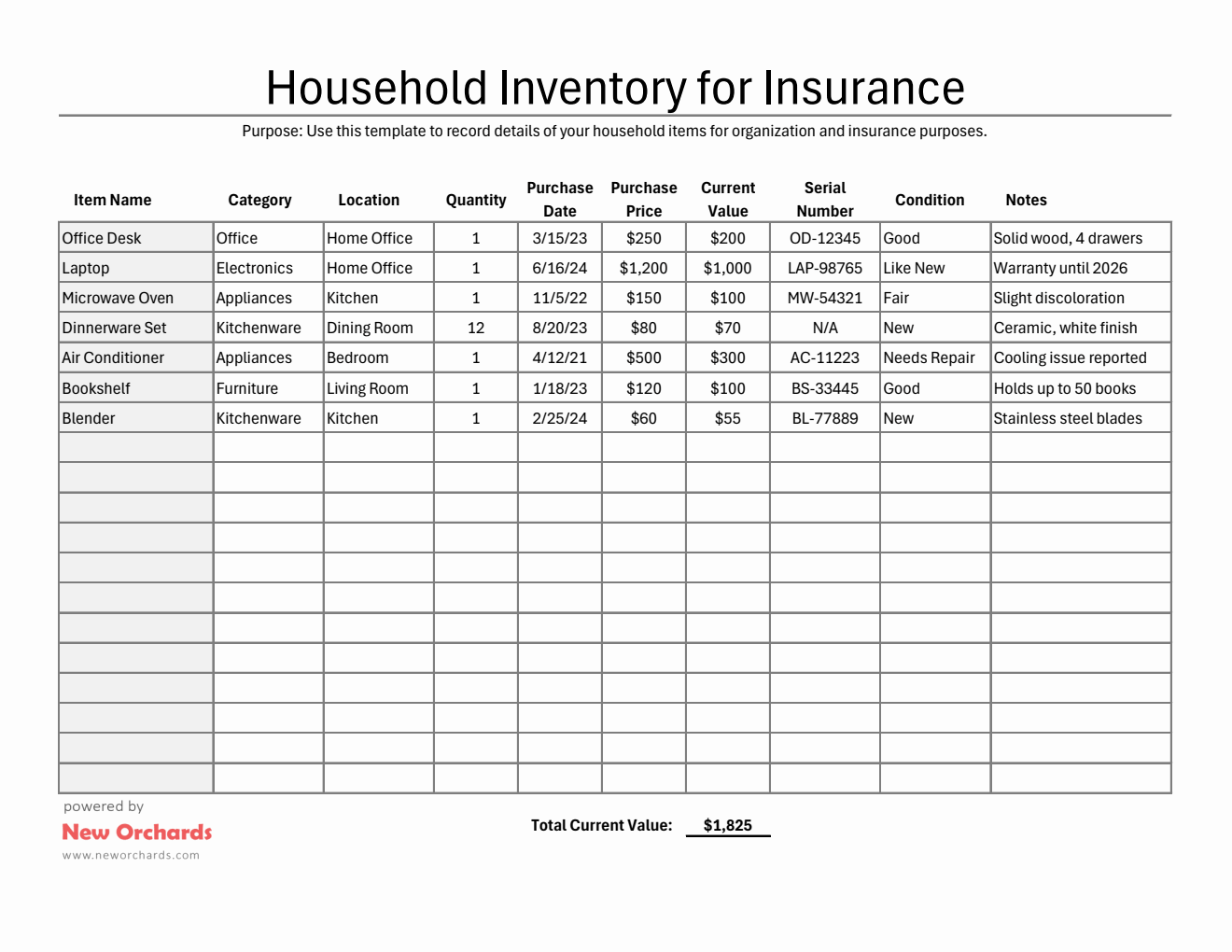 Household Inventory Printable in Word