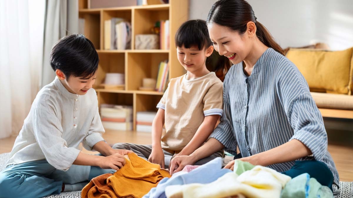 Family Folding Clothes Together
