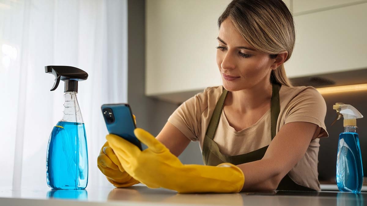Woman Setting Cleaning Timer On Smartphone
