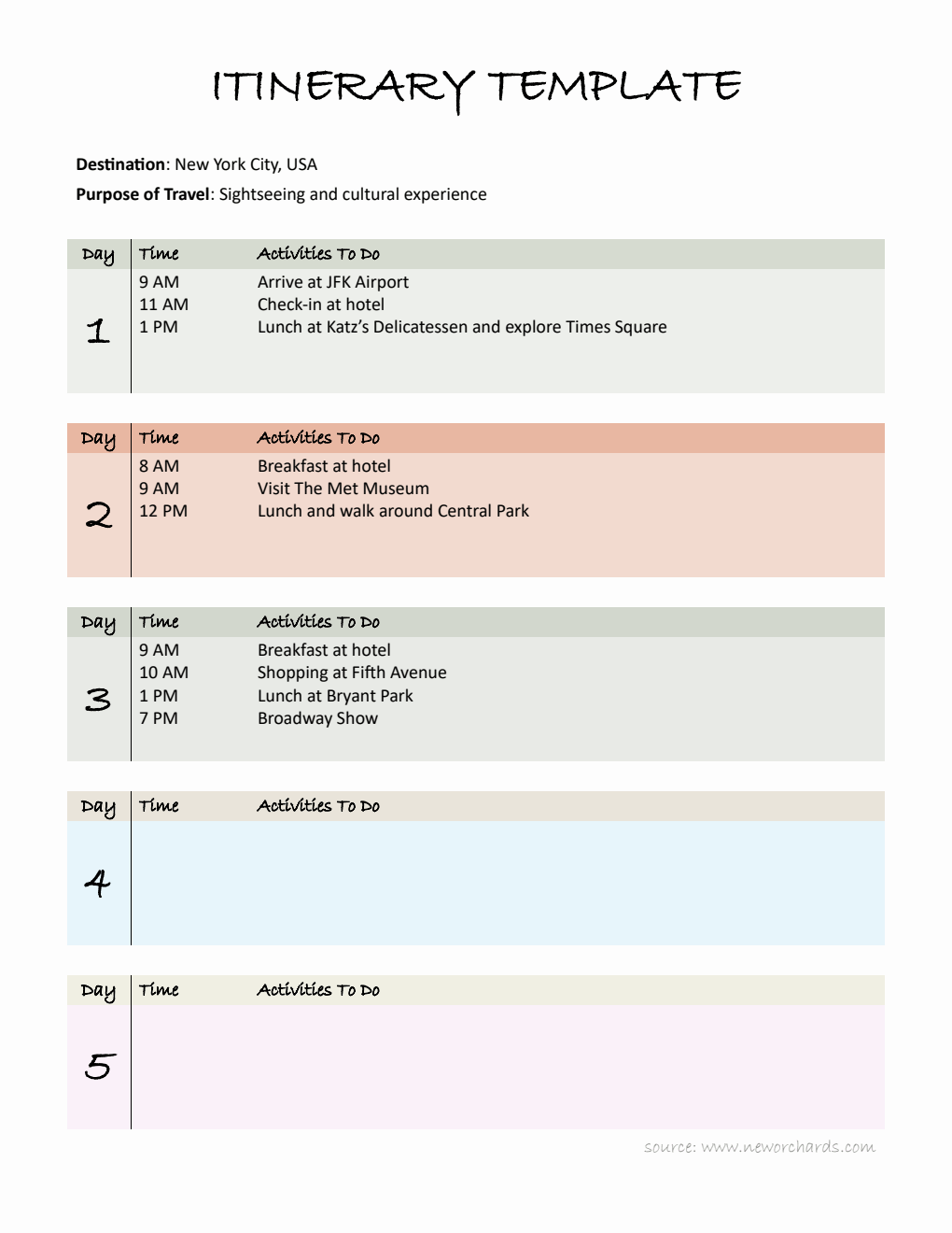 Downloadable Itinerary Template | Free to Download in Word