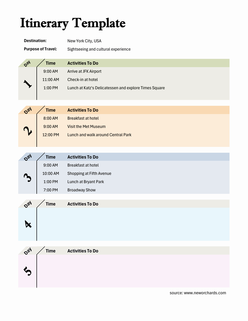 Downloadable Itinerary Template | Free to Download in Excel