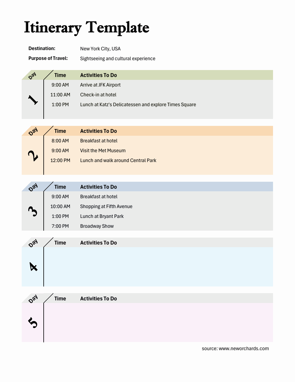 Downloadable Itinerary Template | Free to Download in Excel