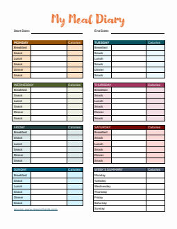 Free  Meal Diary Template with Calorie Tracking Word