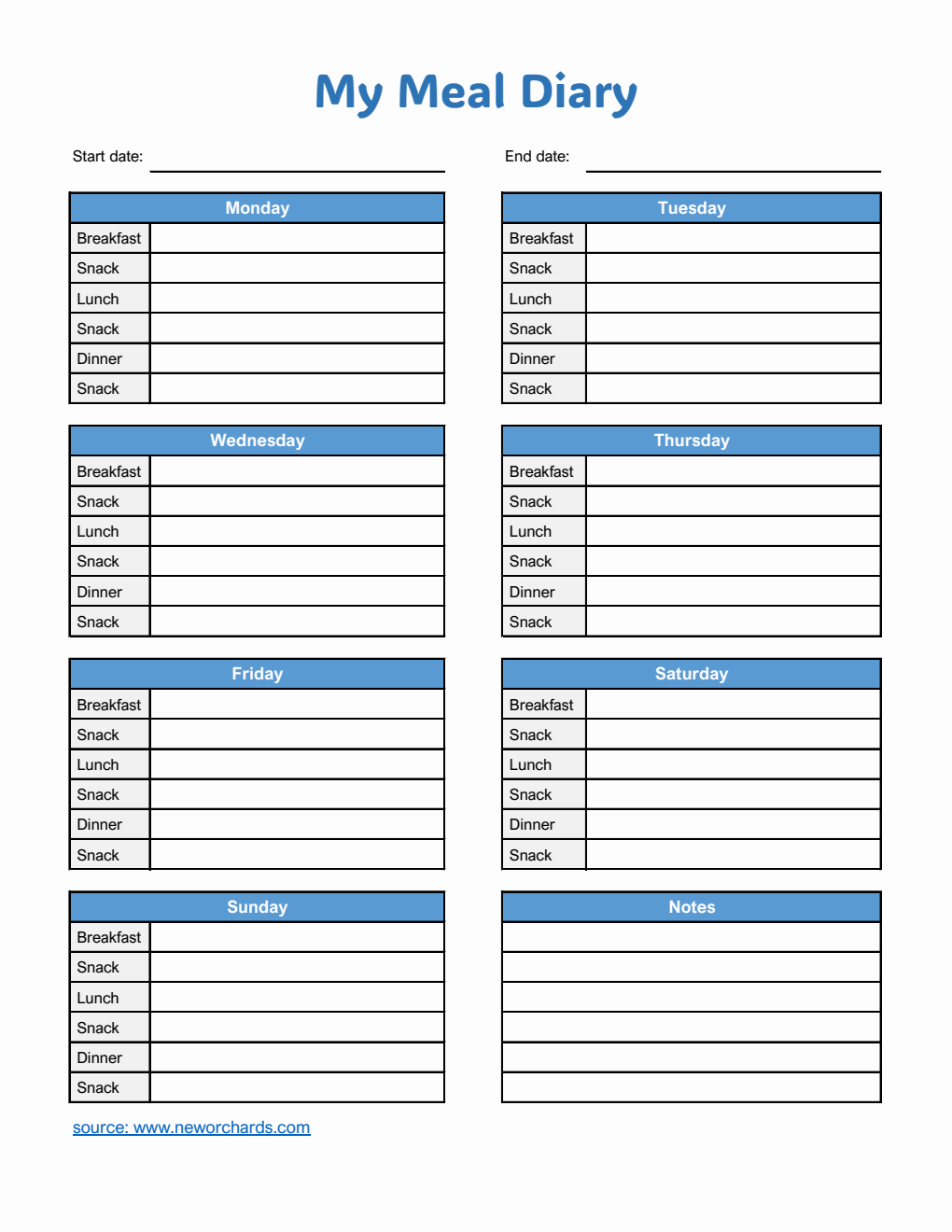 Free  Meal Diary Template Excel