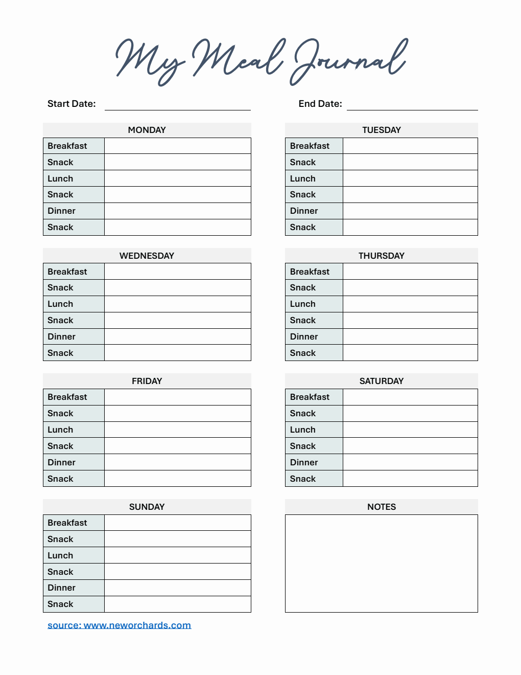 Editable Meal Journal PDF Template