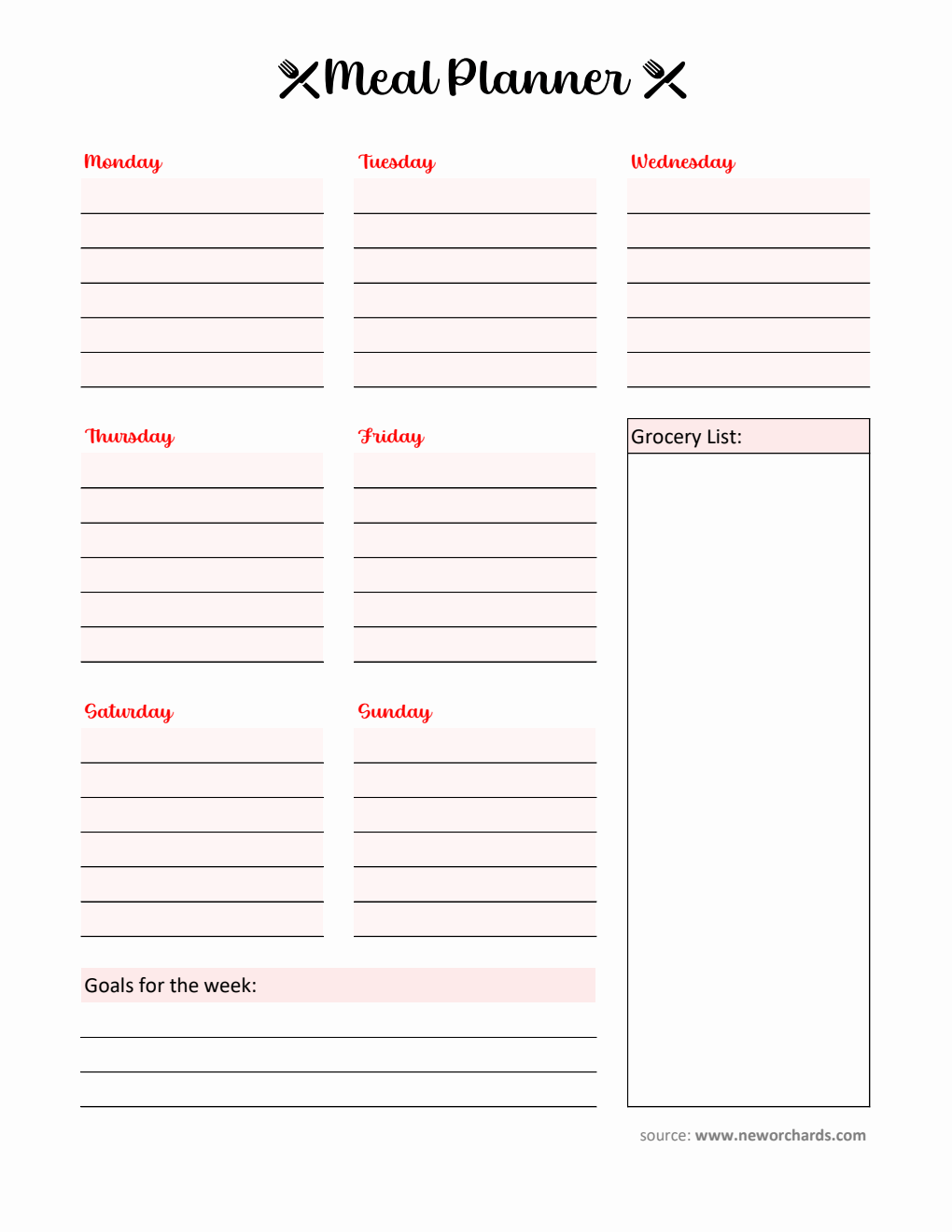 Meal Planner Editable in Excel