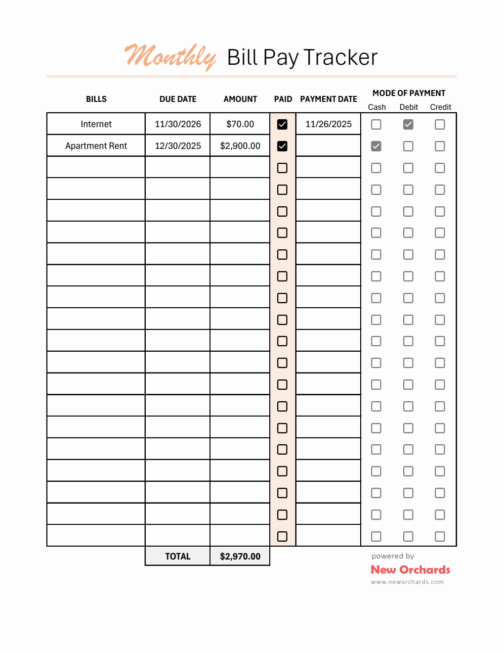 Free Printable Monthly Bill Tracker Excel Template
