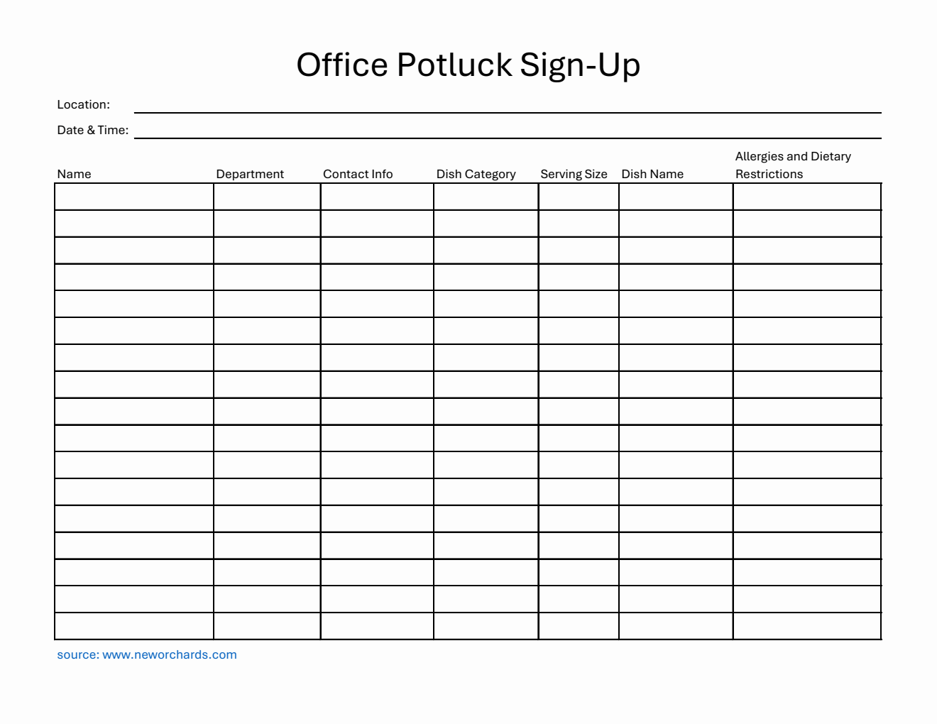 Free Printable Office Potluck Sign-Up Sheet Template in Word