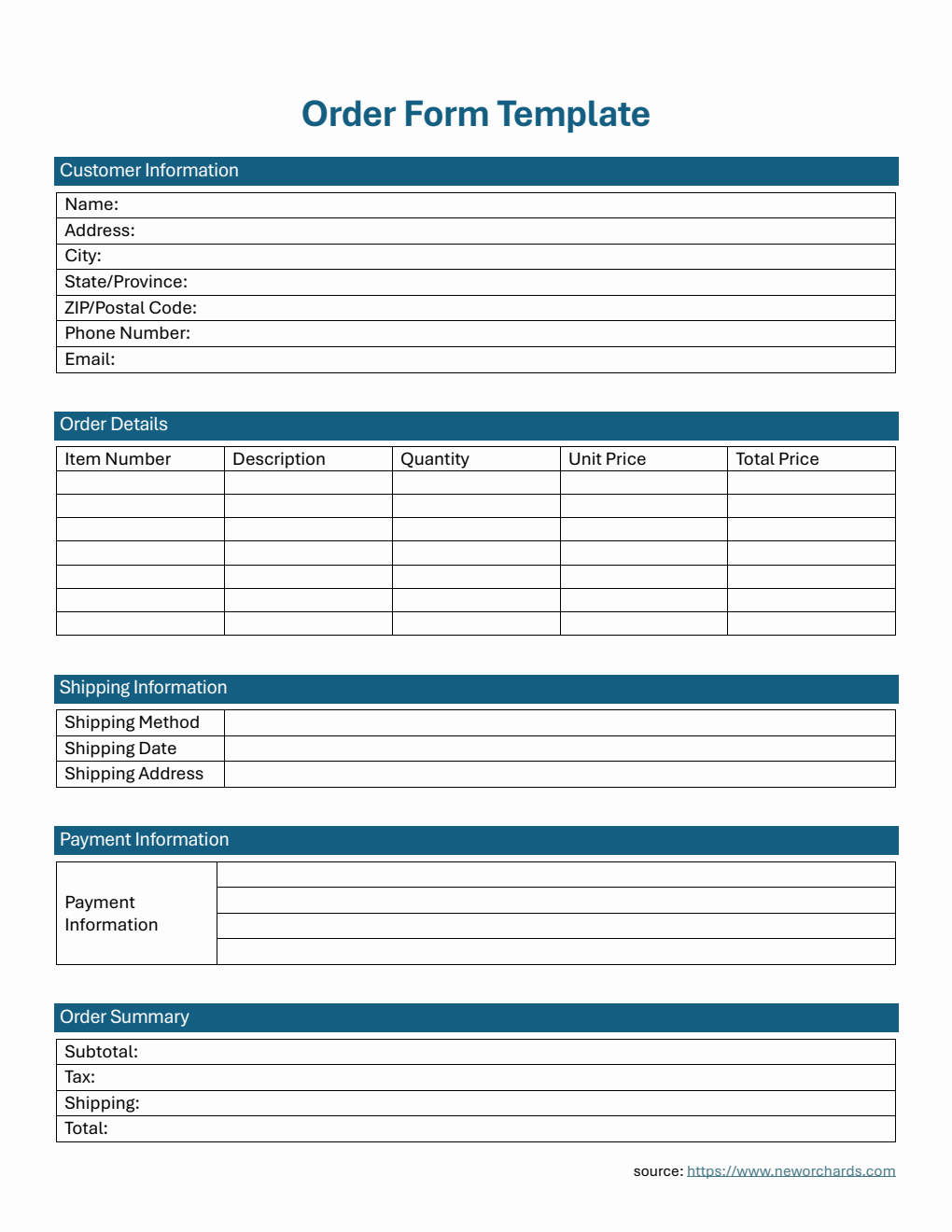 Free Order Form Templates (PDF, Word, Excel)