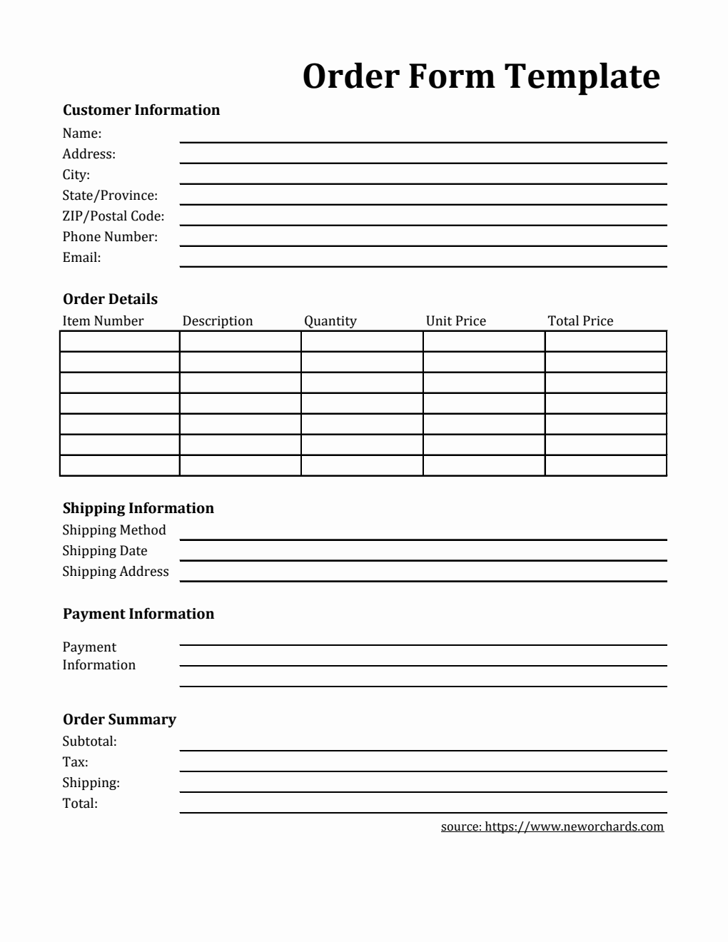 Simple Order Form Template in PDF