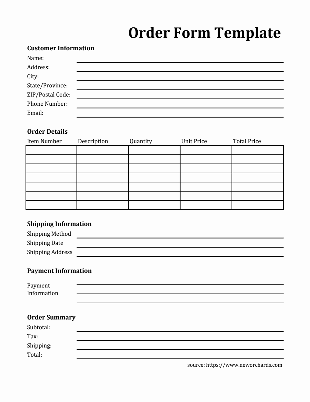 Simple Order Form Template in PDF