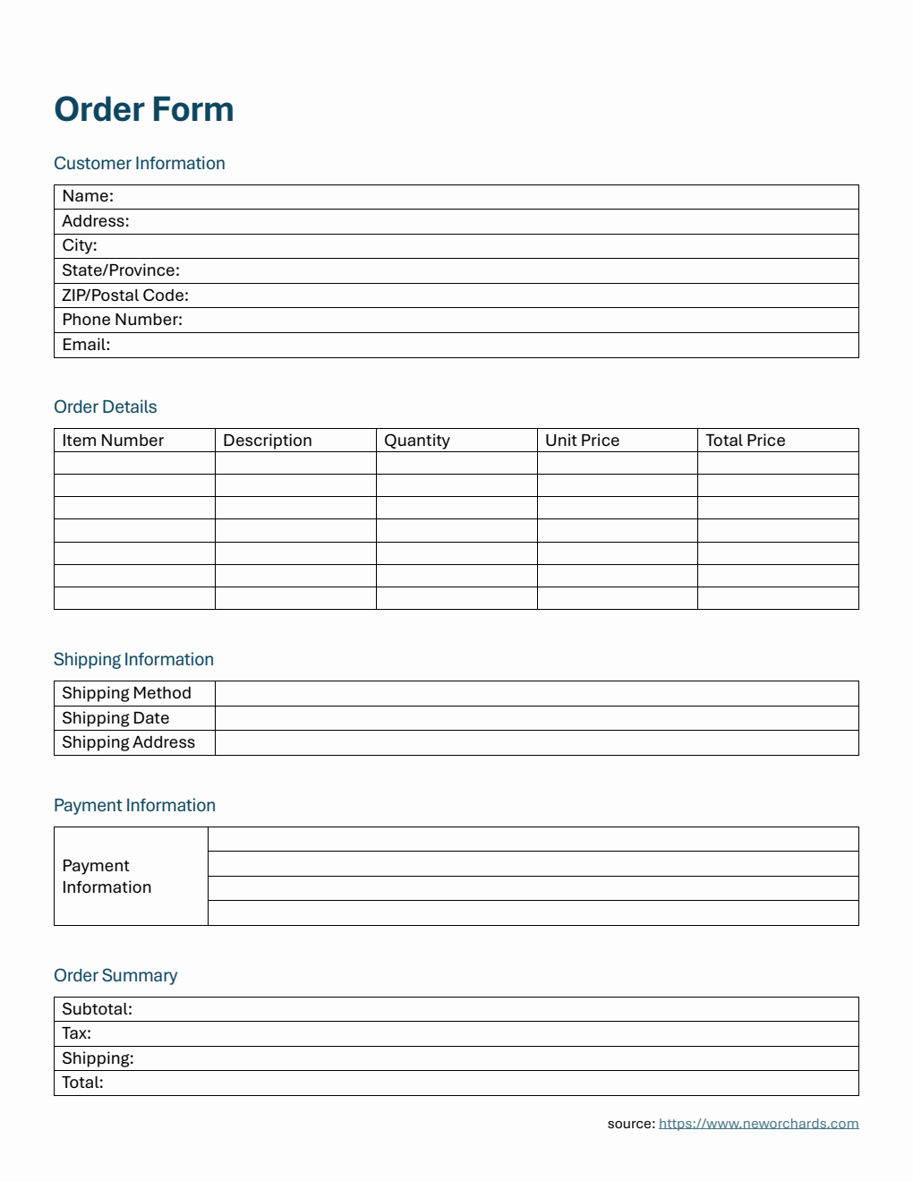 Free PDF Order Form Templates