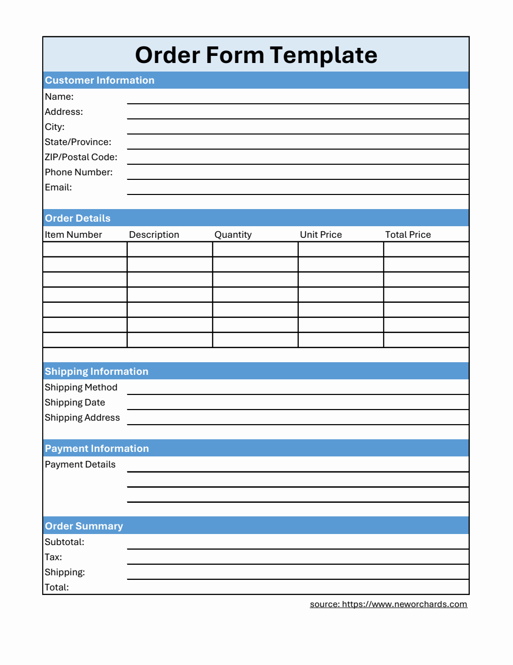 Simple Order Form Template in Excel