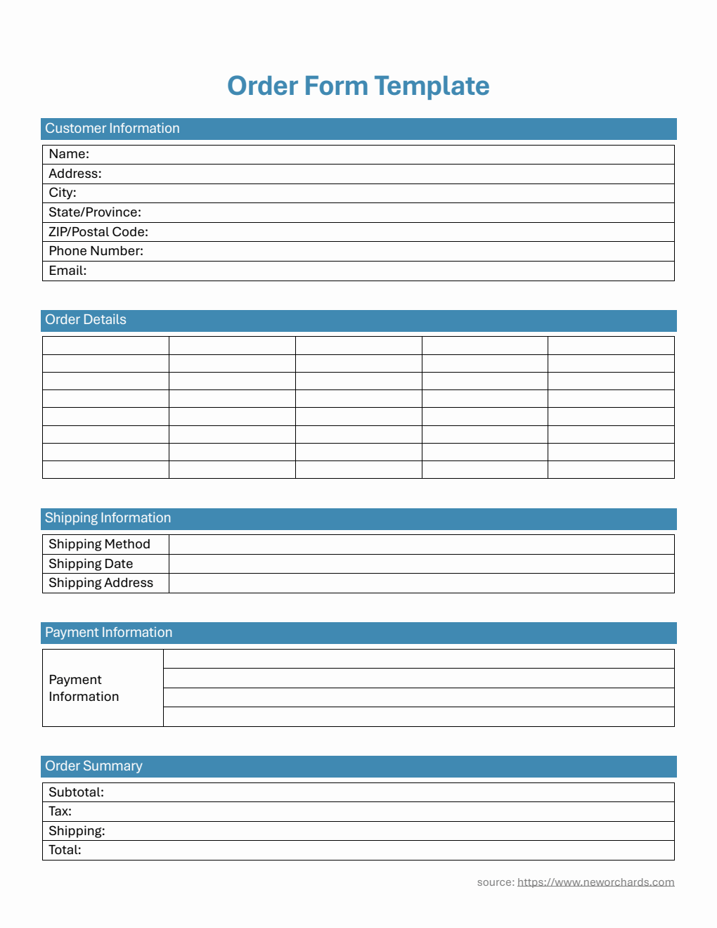 Printable Order Form Template in PDF
