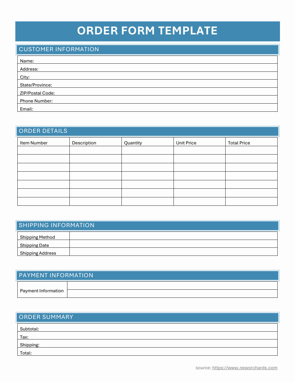 Free PDF Order Form Templates