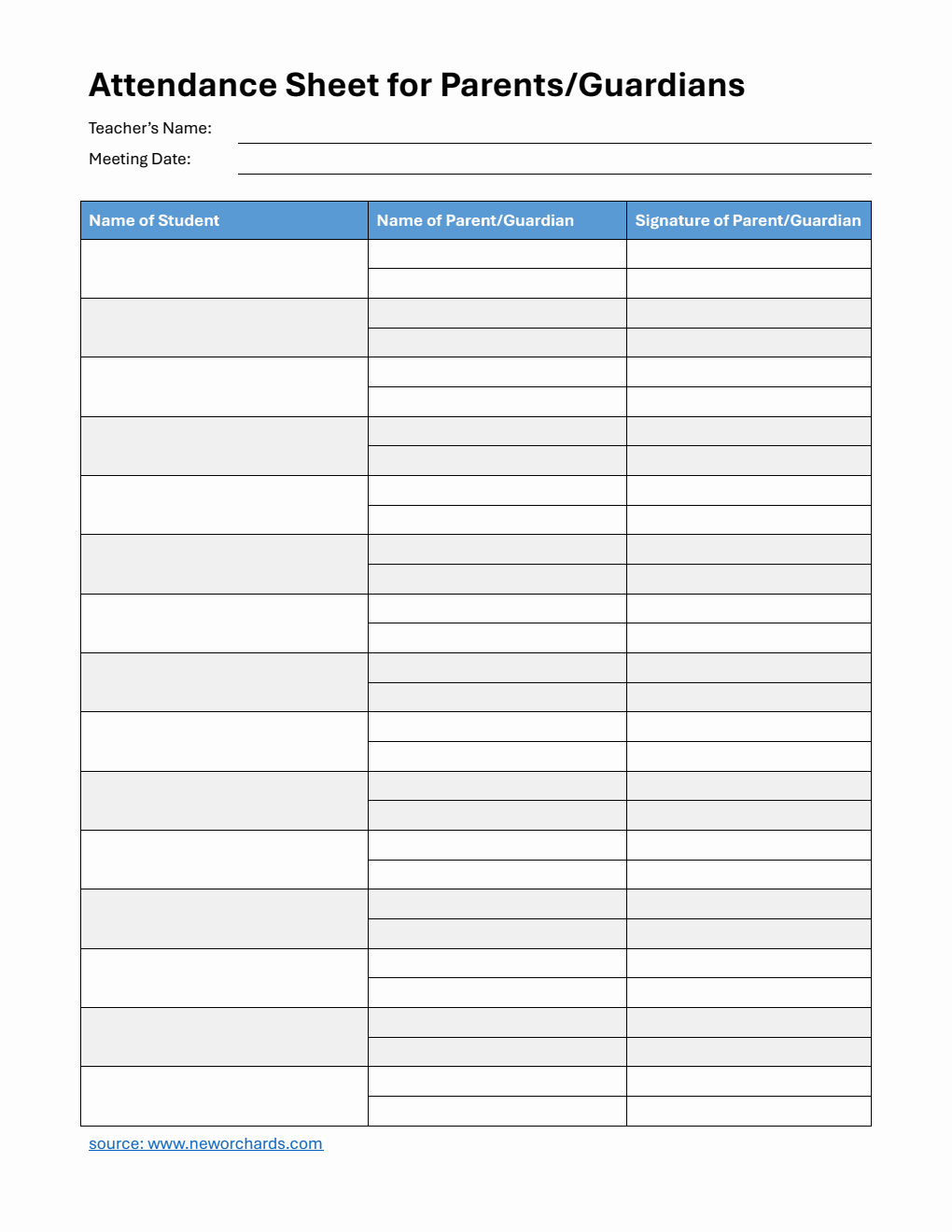Parent-Teacher Meeting Attendance Sheet in Word (Customizable)