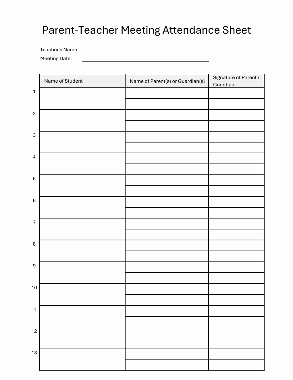 Parent-Teacher Meeting Attendance Sheet in Excel (Printable)
