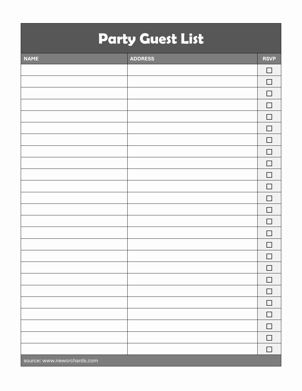 Party Guest List Template in Word Format (with Address Field)
