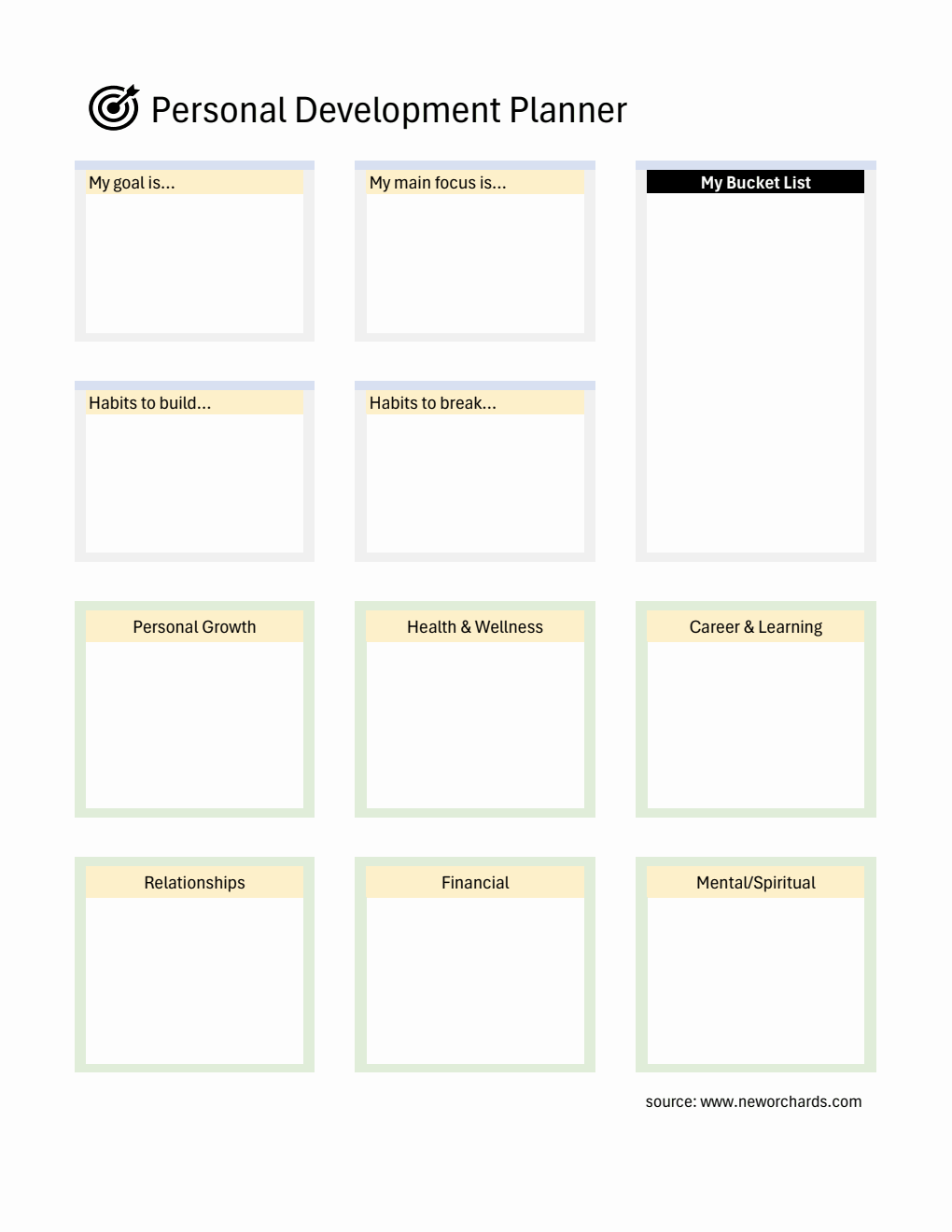 Printable Personal Development Planner with Bucket List (Excel)