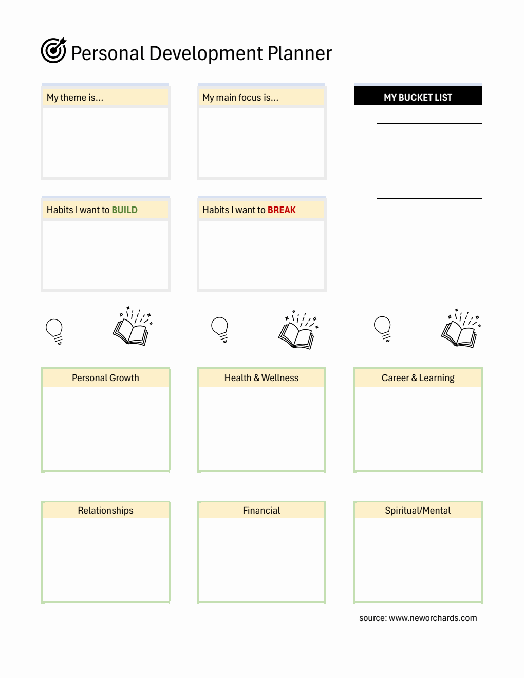 Printable Personal Development Planner with Bucket List (PDF)