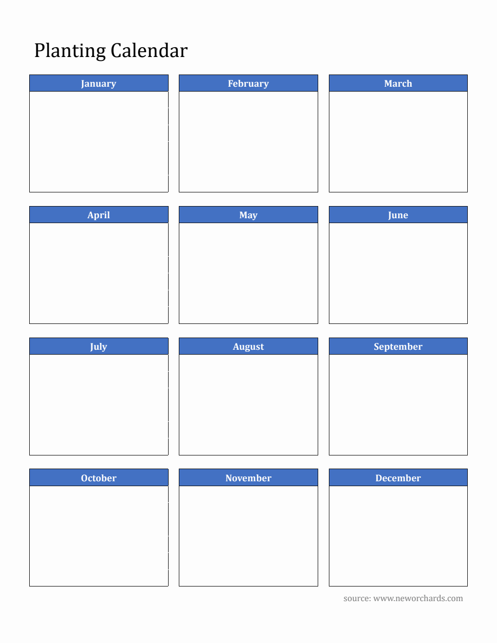 Blank Planting Calendar in Word